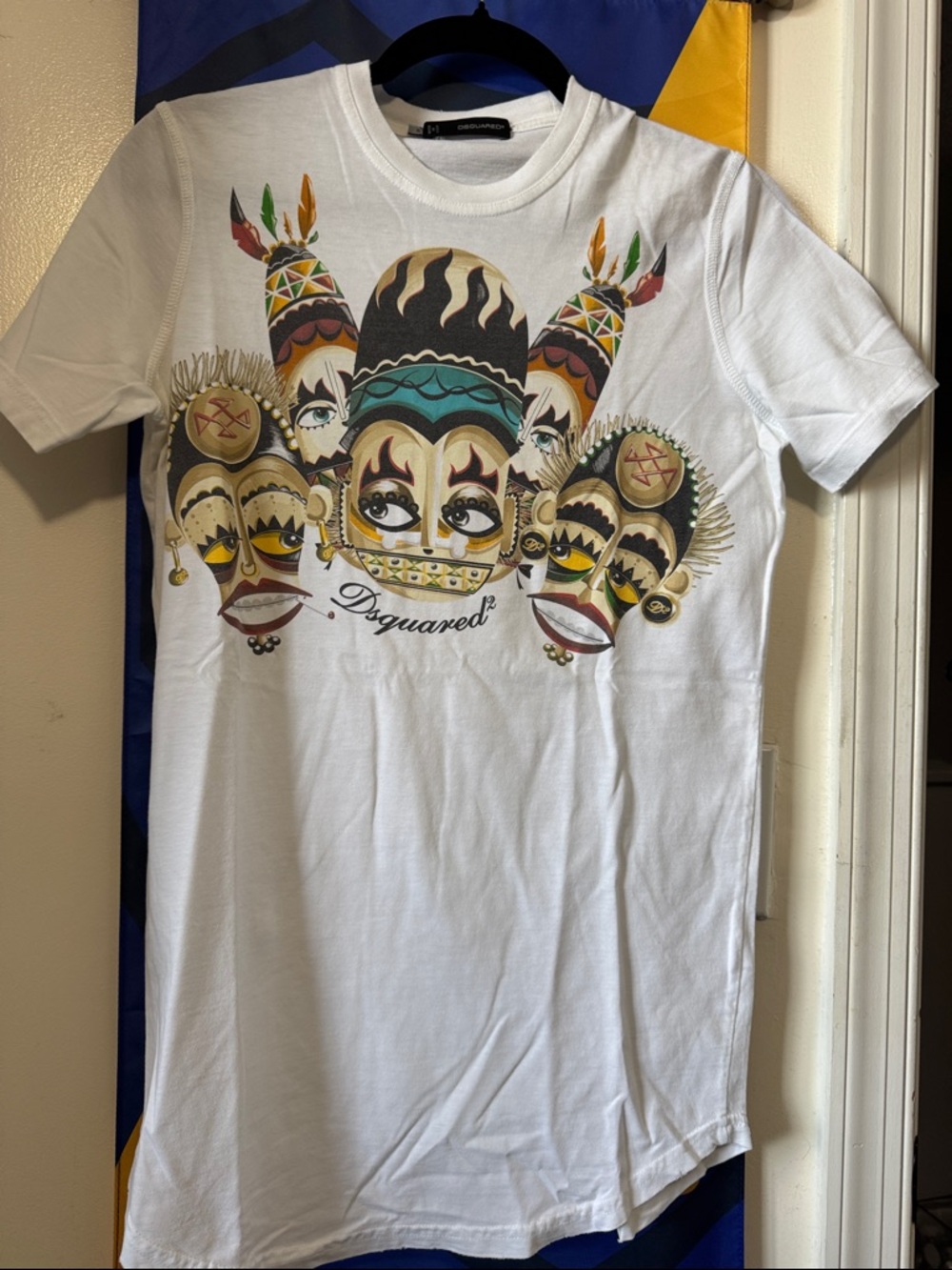 DSQUARED2 White Short-Sleeve Tee with Multicolor Tribal Mask Print
